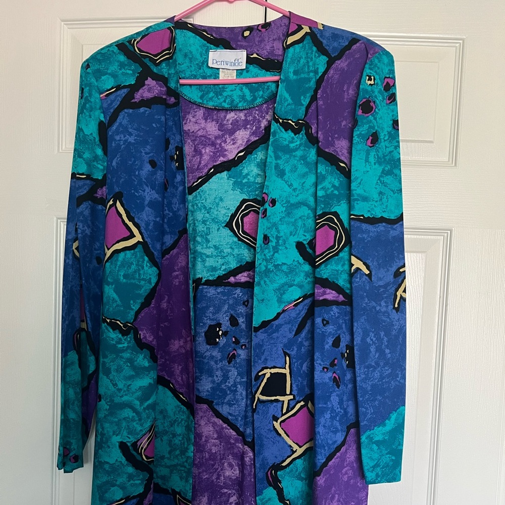 Vintage 80s Periwinkle Long Light Jacket -Geometric-Blue Purple-Women Medium